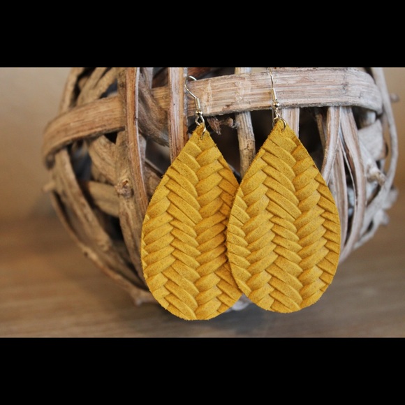 Mustard Embossed Leather Teardrop Earrings - Picture 2 of 2